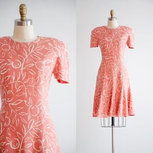 pink linen dress 80s vintage orange terra cotta fruit pattern mini dress